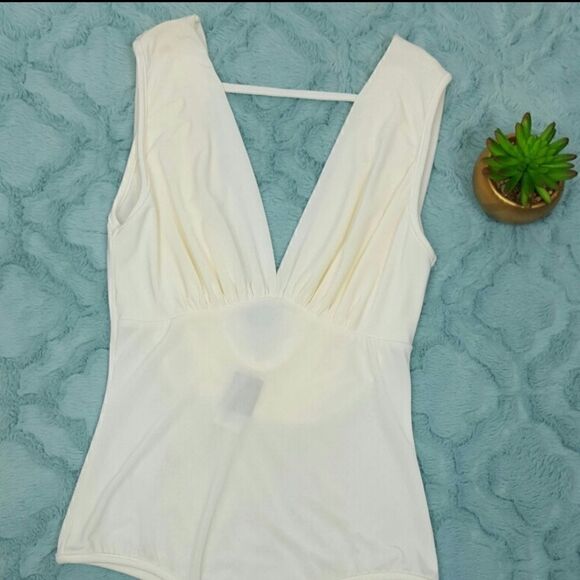 White V-Neck Bodysuit with a Beautiful Back Neckline Women's Top Blouse By Privy - Picture 2 of 6